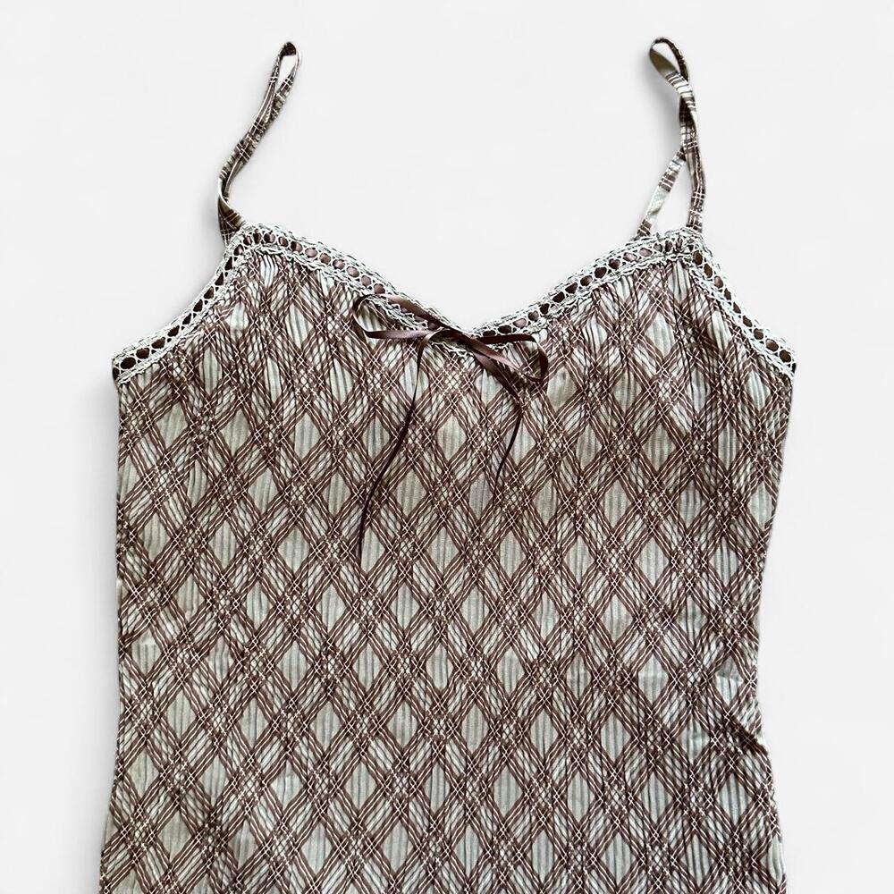 Brown Grid Print Lace Trim Slip Midi Dress